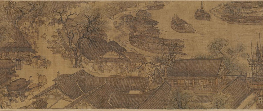 Detail 6 of the Qingming scroll — Market and Riverbank · Shops and Moored Boats